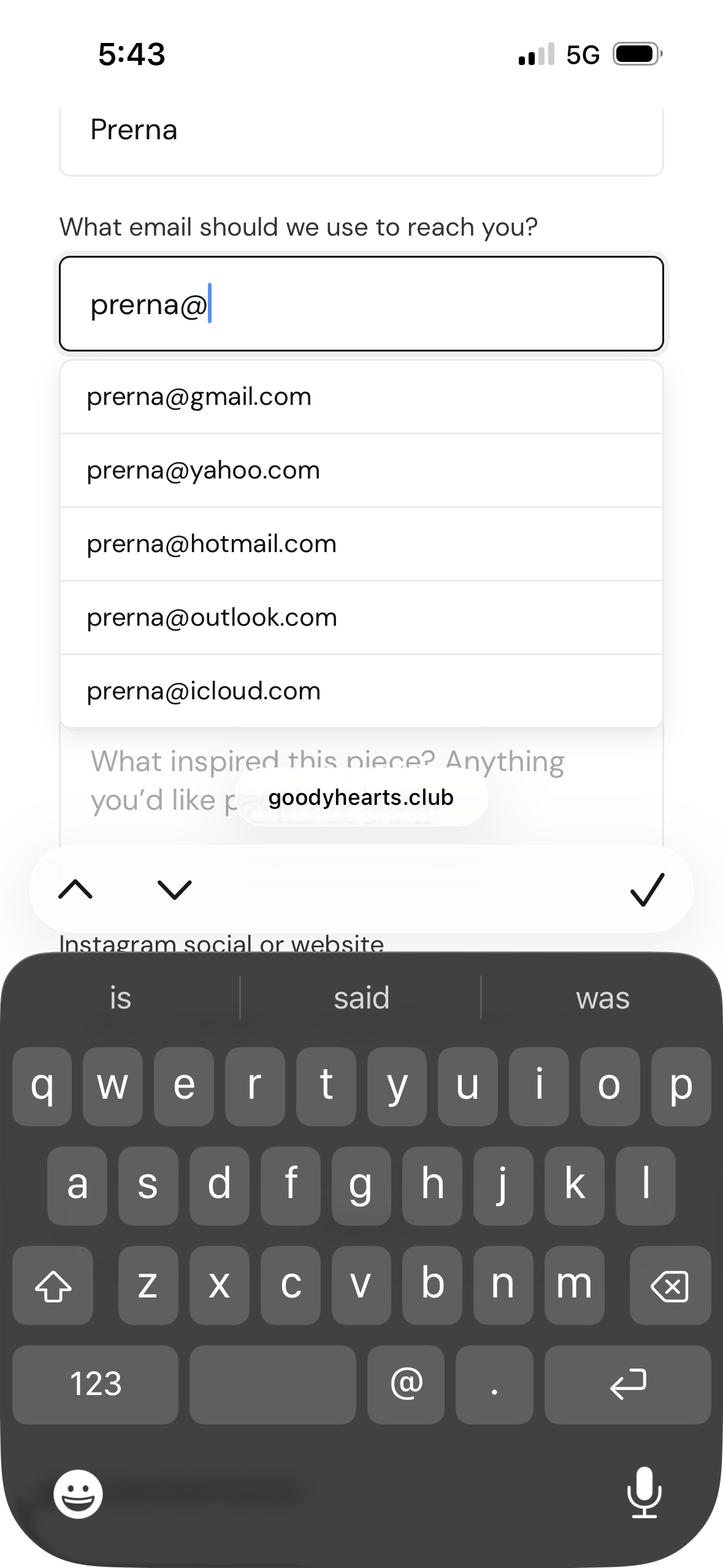Email field showing autofill suggestions after typing @