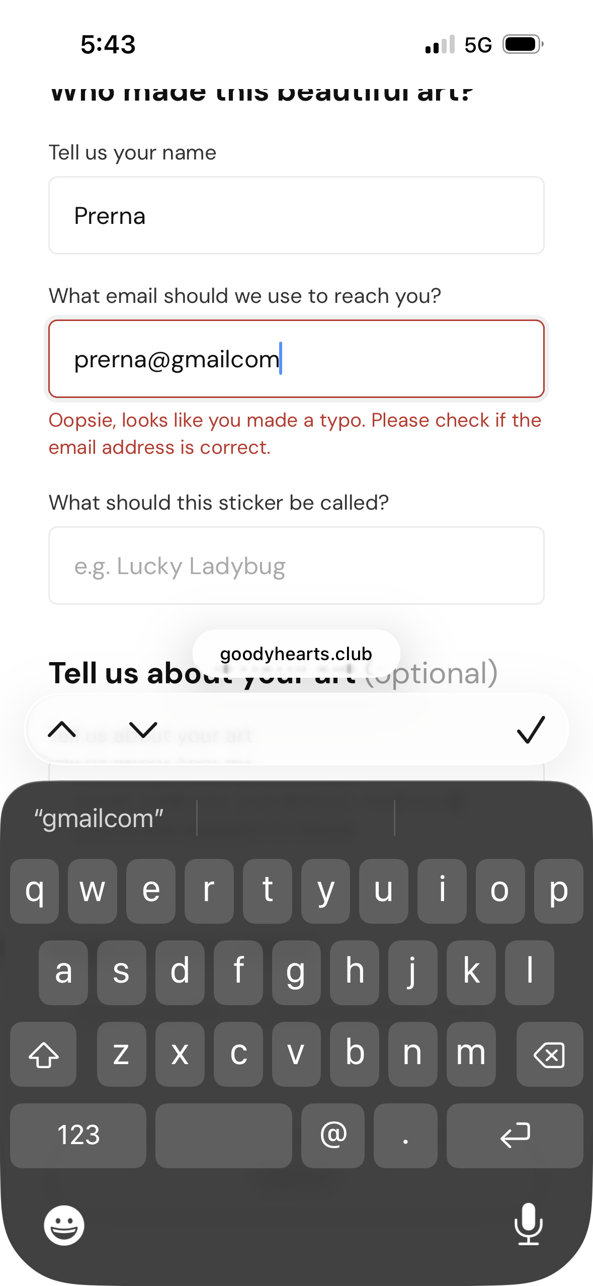 Inline error flagging a mistyped email address