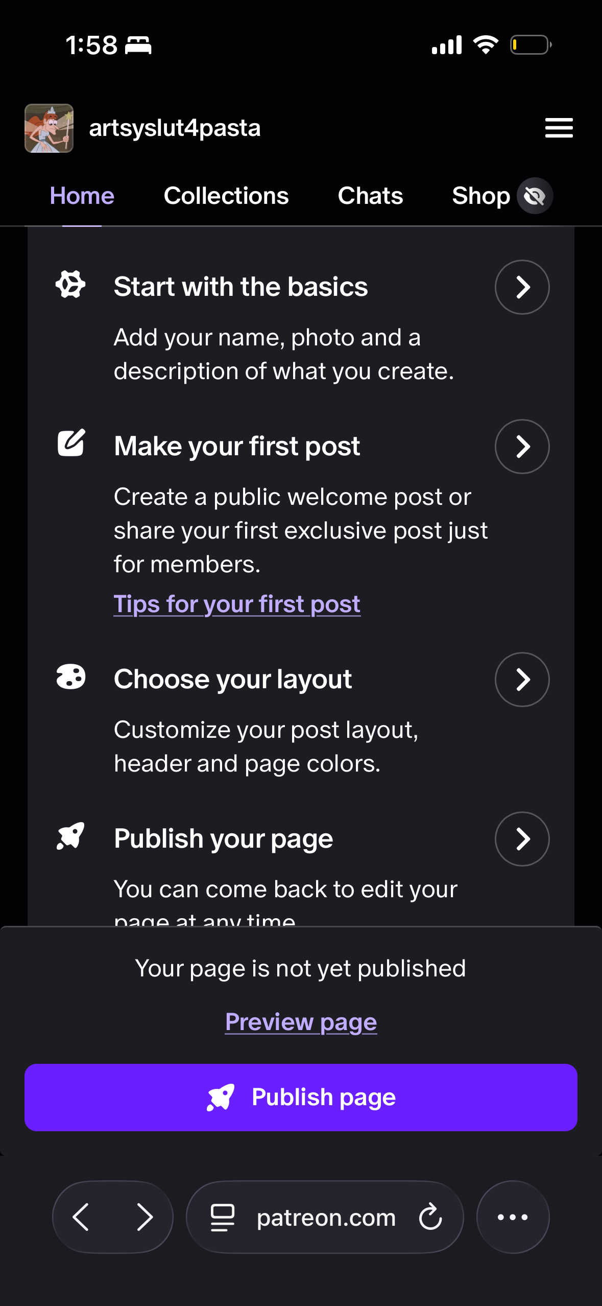 Patreon submission flow screenshot 1