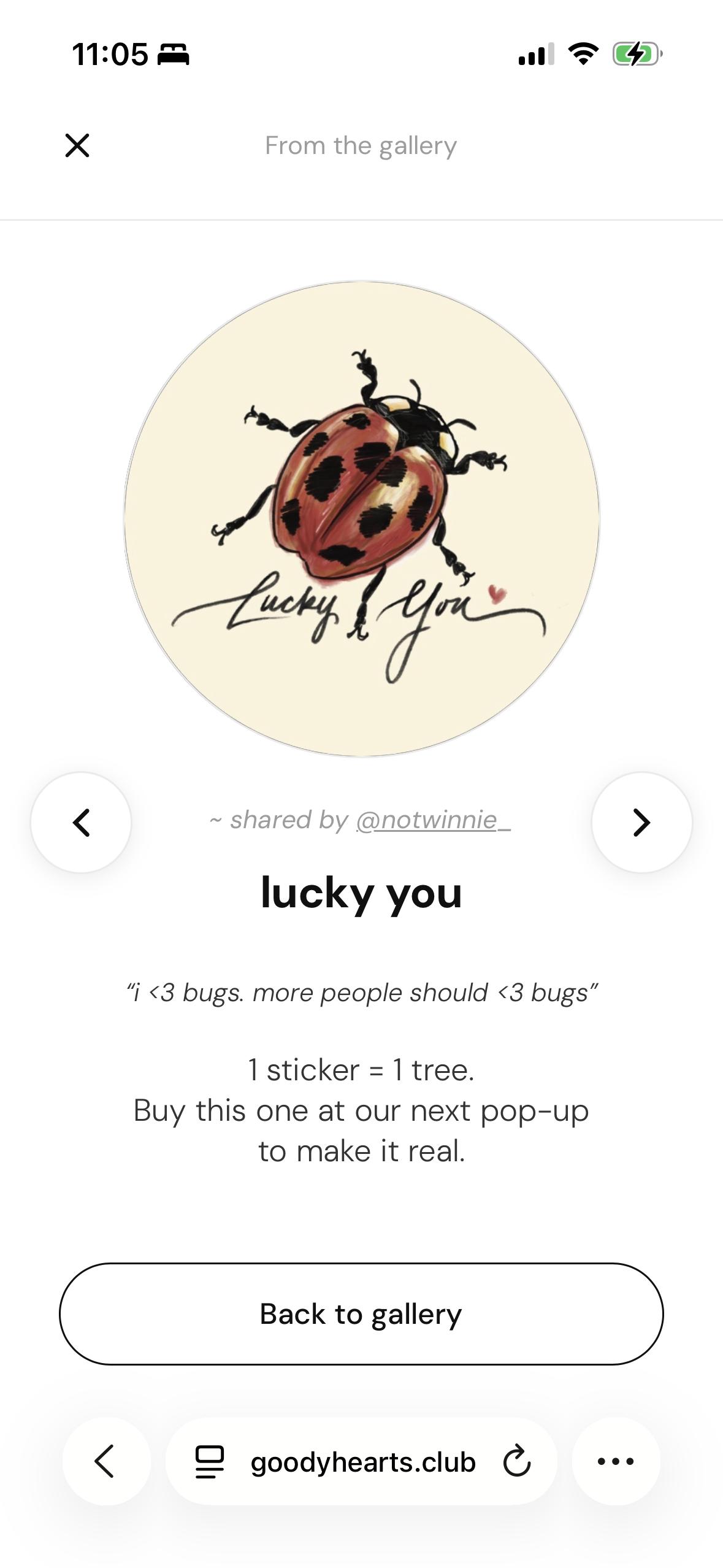 Expanded sticker card showing artist attribution and story