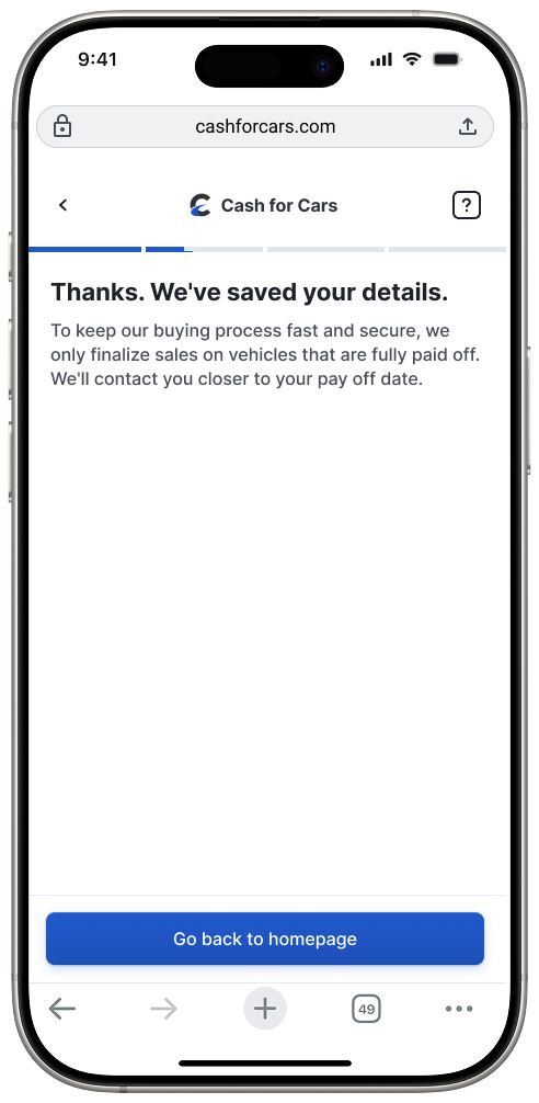 After: thank you screen with go back to homepage CTA