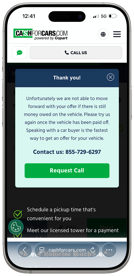 Before: thank you screen with request call CTA