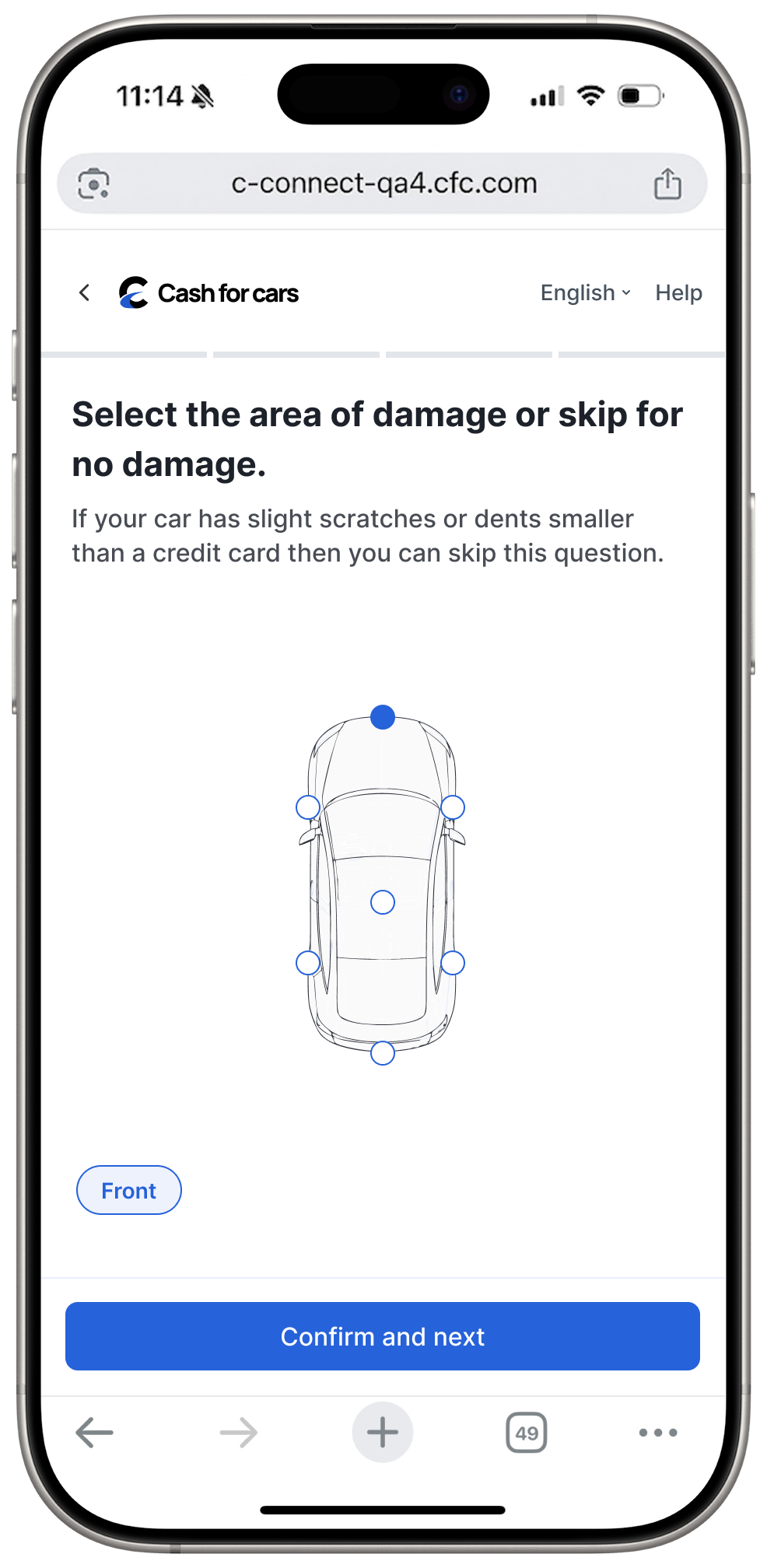 Select the area of damage or skip for no credit card questions