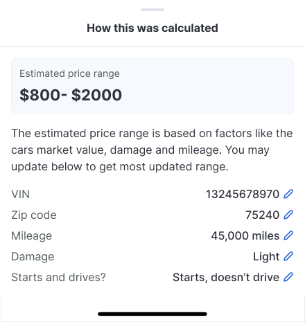 Modal showing how this was calculated with an estimated price range