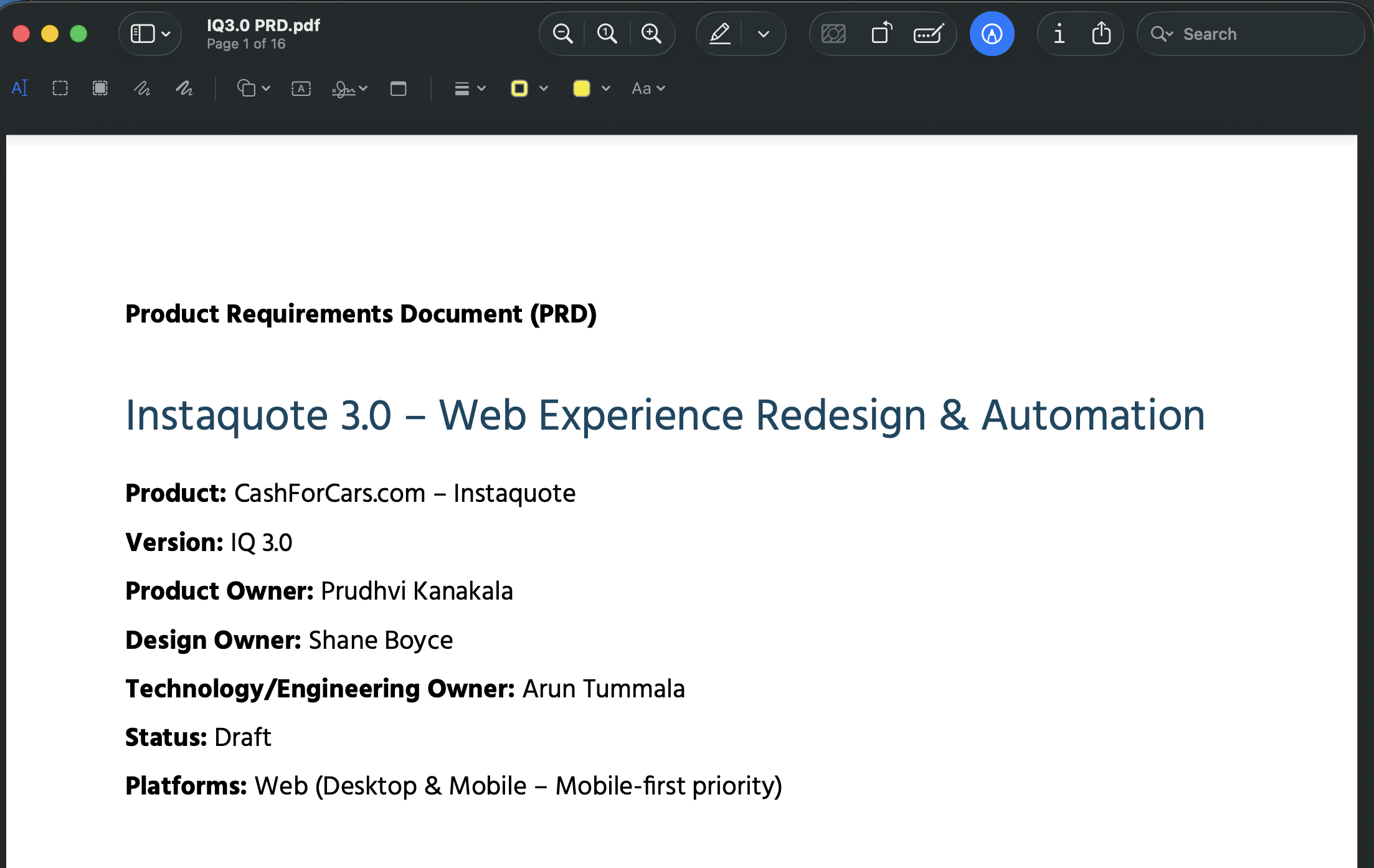 Pricing model PRD document
