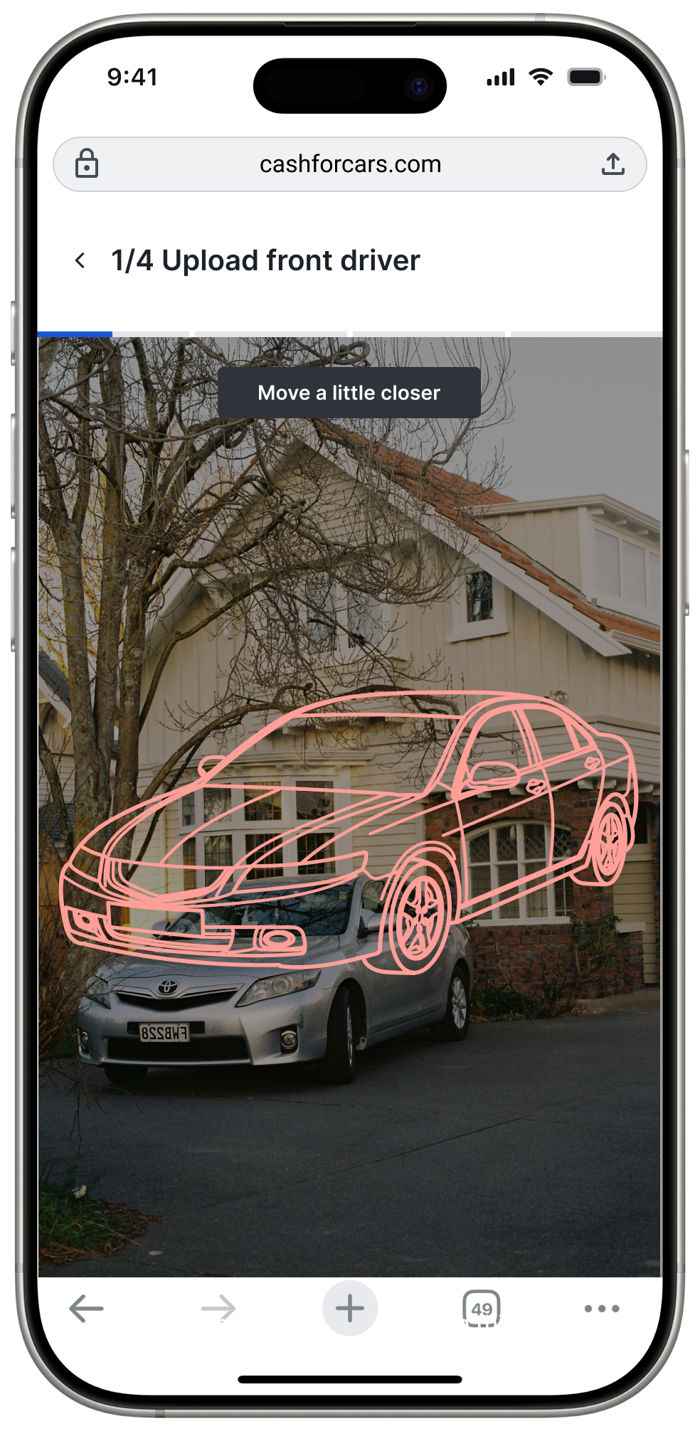 Camera view with car outline stencil to guide photo capture